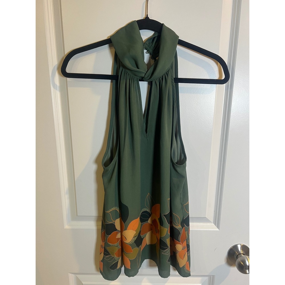 Les Serein Womens Halter Top Floral Border Print Green XL